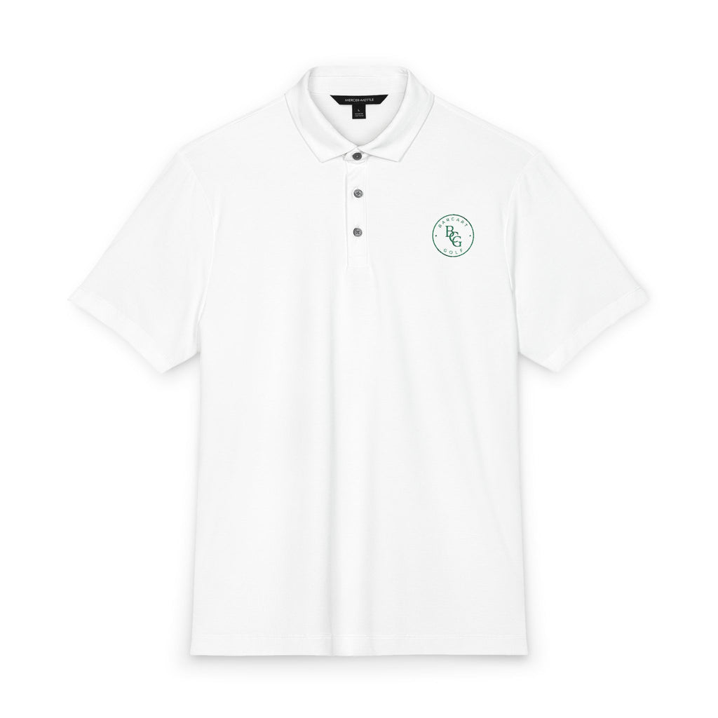Men's White Stretch Jersey Polo with Green BCG Crest Chest Logo