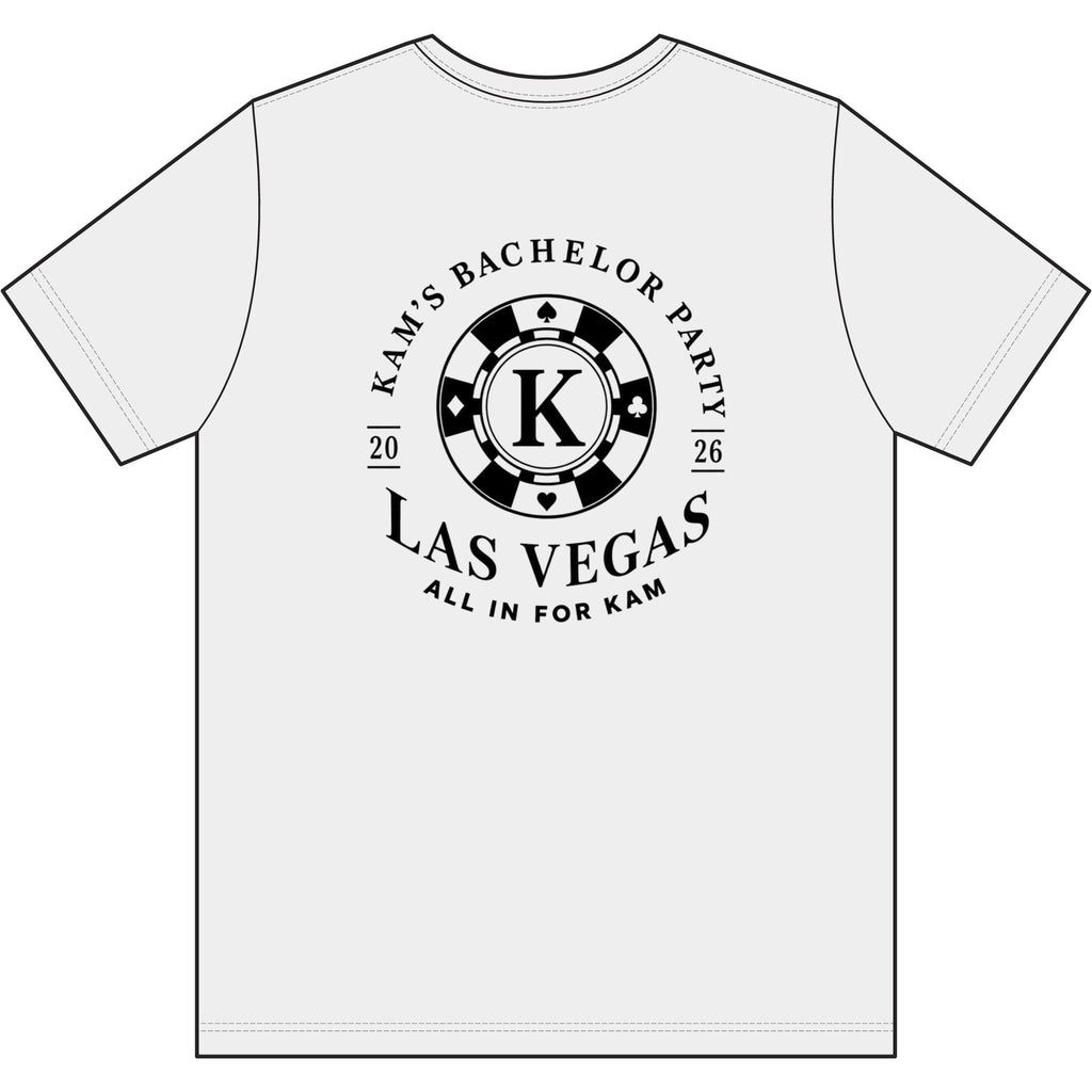 Las Vegas Bachelor Party T‑Shirt — Poker Chip K Design (All In for Kam)