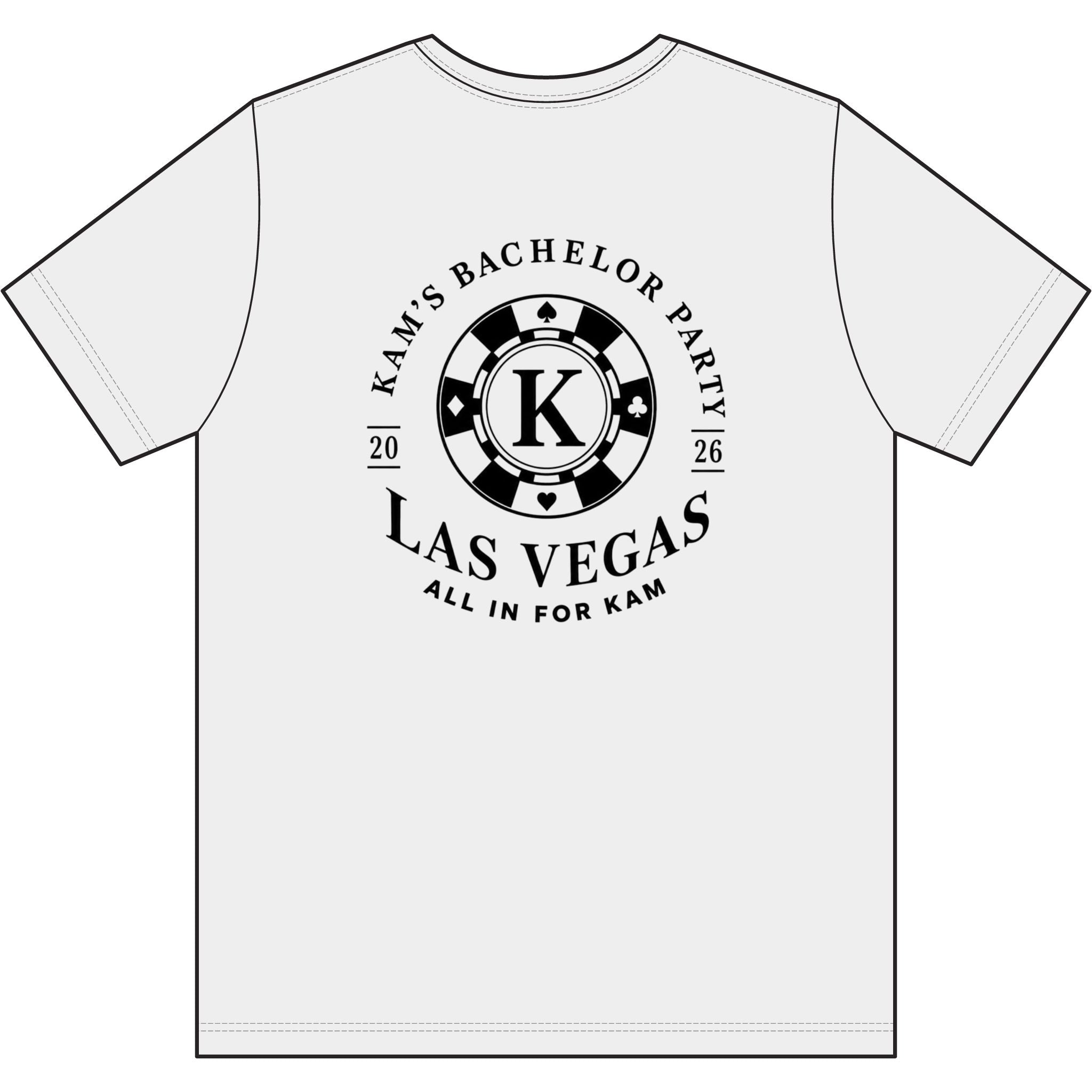 Las Vegas Bachelor Party T‑Shirt — Poker Chip K Design (All In for Kam)